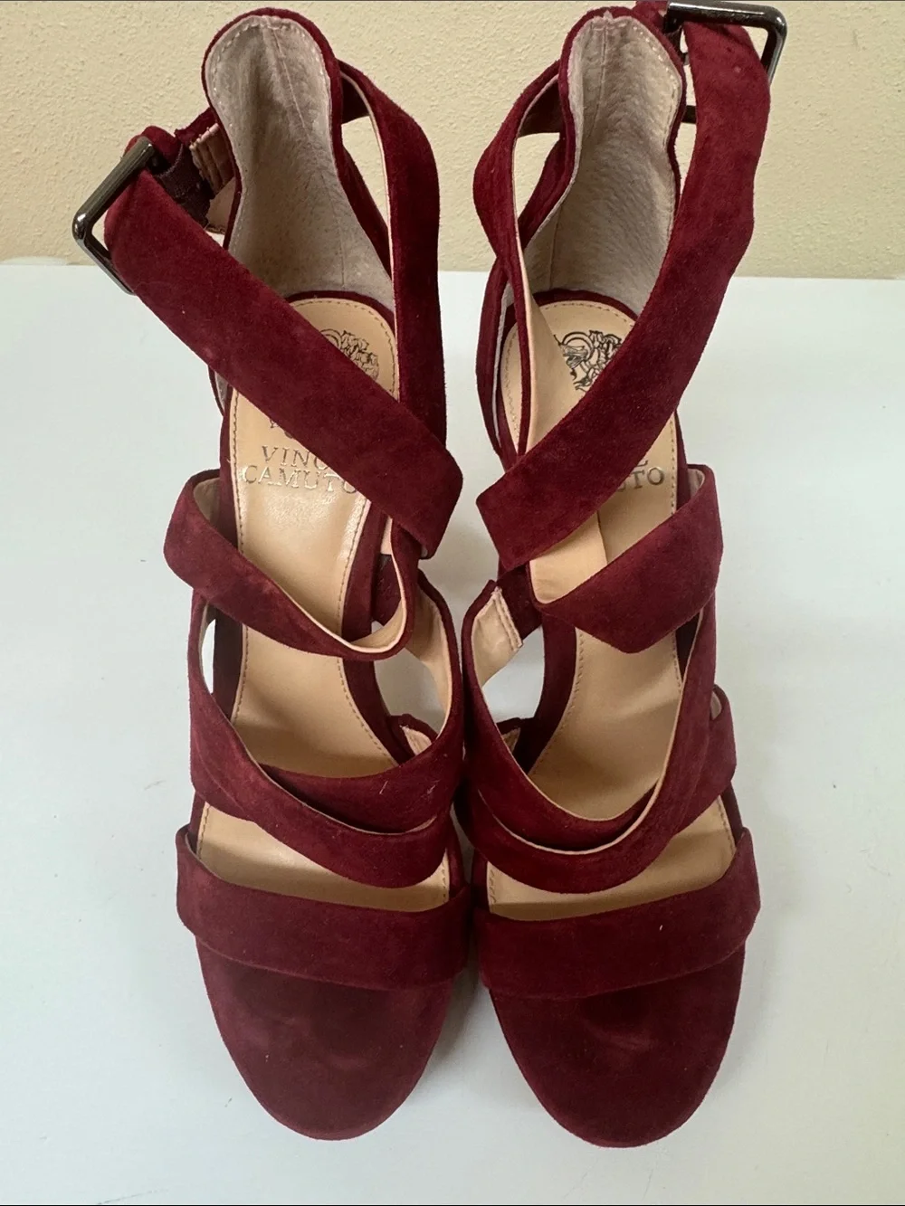Vince Camuto Burgundy Suede Multi-Strap Block Heel Sandals